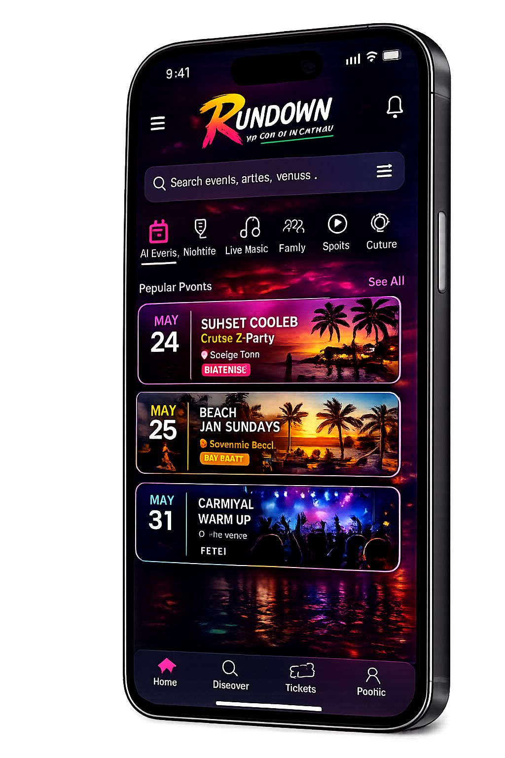 The Rundown app showing a live feed of Cayman events